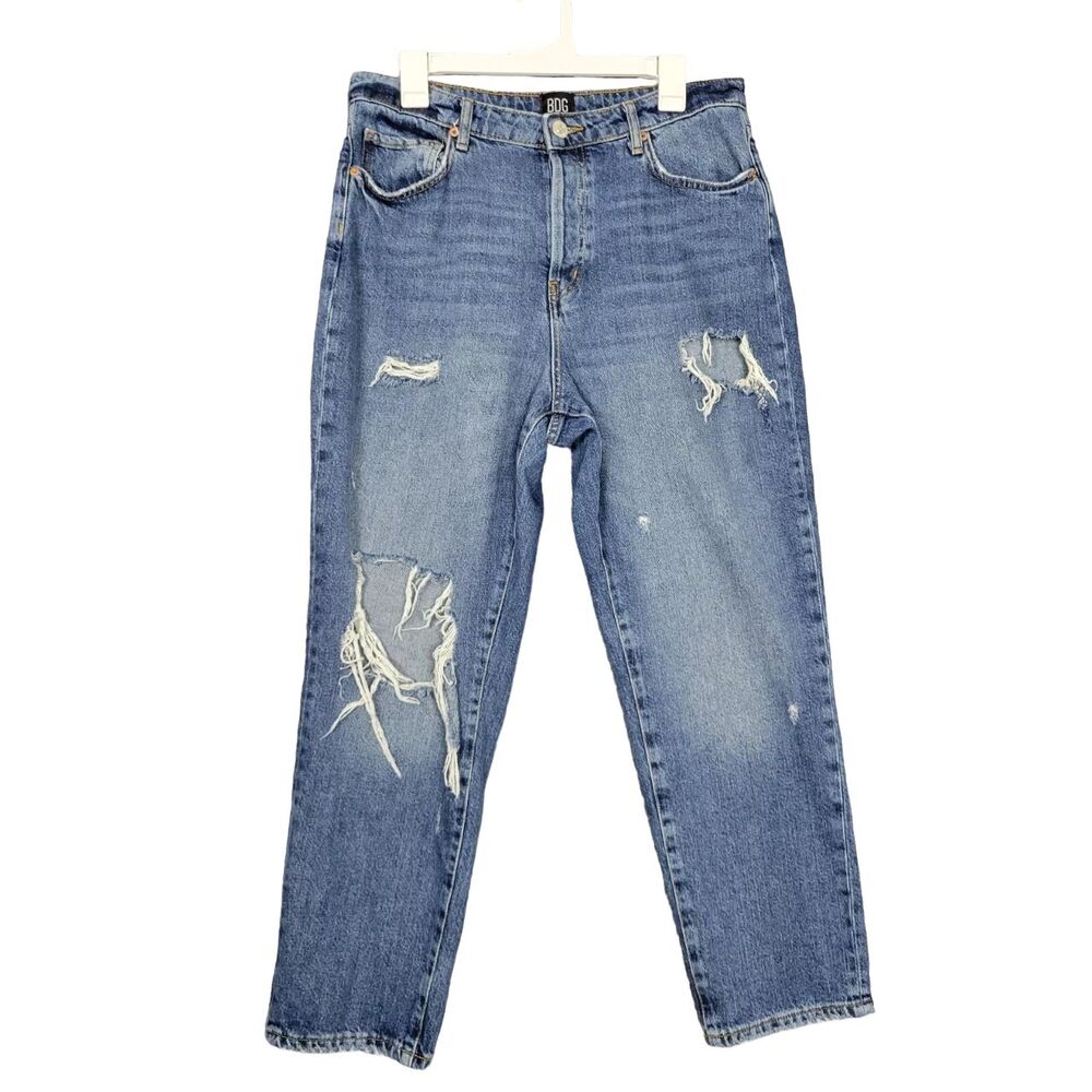 BDG Slim Straight Button Fly Cropped Distressed Denim Blue Jeans SIZE 32